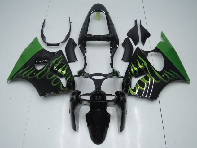 Noir avec Vert Flamme Carénage Moto Kawasaki ZX6R 00-02 Noir avec Vert Flamme Carénage Moto Kawasaki ZX6R 00-02